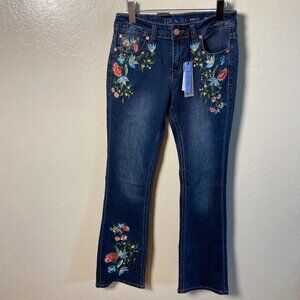 Grace Easy Fit Embroidered Jeans Size 28 Floral Denim Mid Rise Bootcut